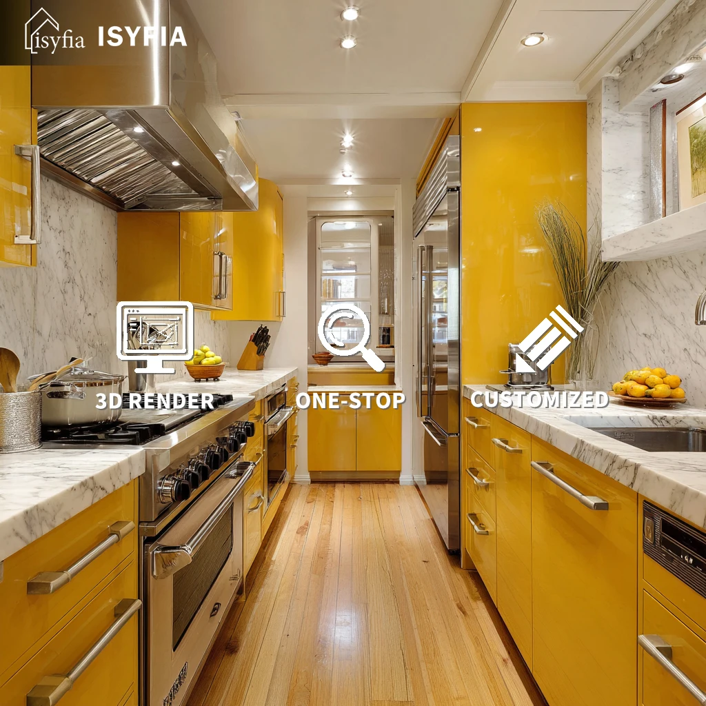 Customizable Yellow Melamine Board Kitchen Cabinets Modern Modular Cupboards Pantry Luxury Furniture for Villa Apartment Home