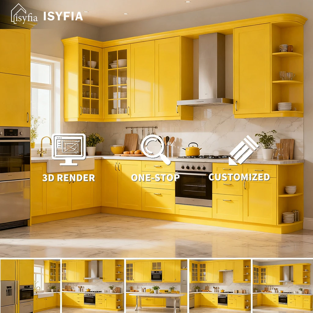 Customizable Yellow Melamine Board Kitchen Cabinets Modern Modular Cupboards Pantry Luxury Furniture for Villa Apartment Home - 图片 4