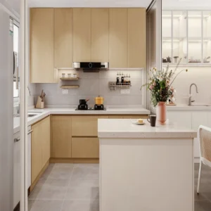 Complete Sets of American Kitchen Cabinets with Gold Metal Handles Wood and Steel Hutch Organizers