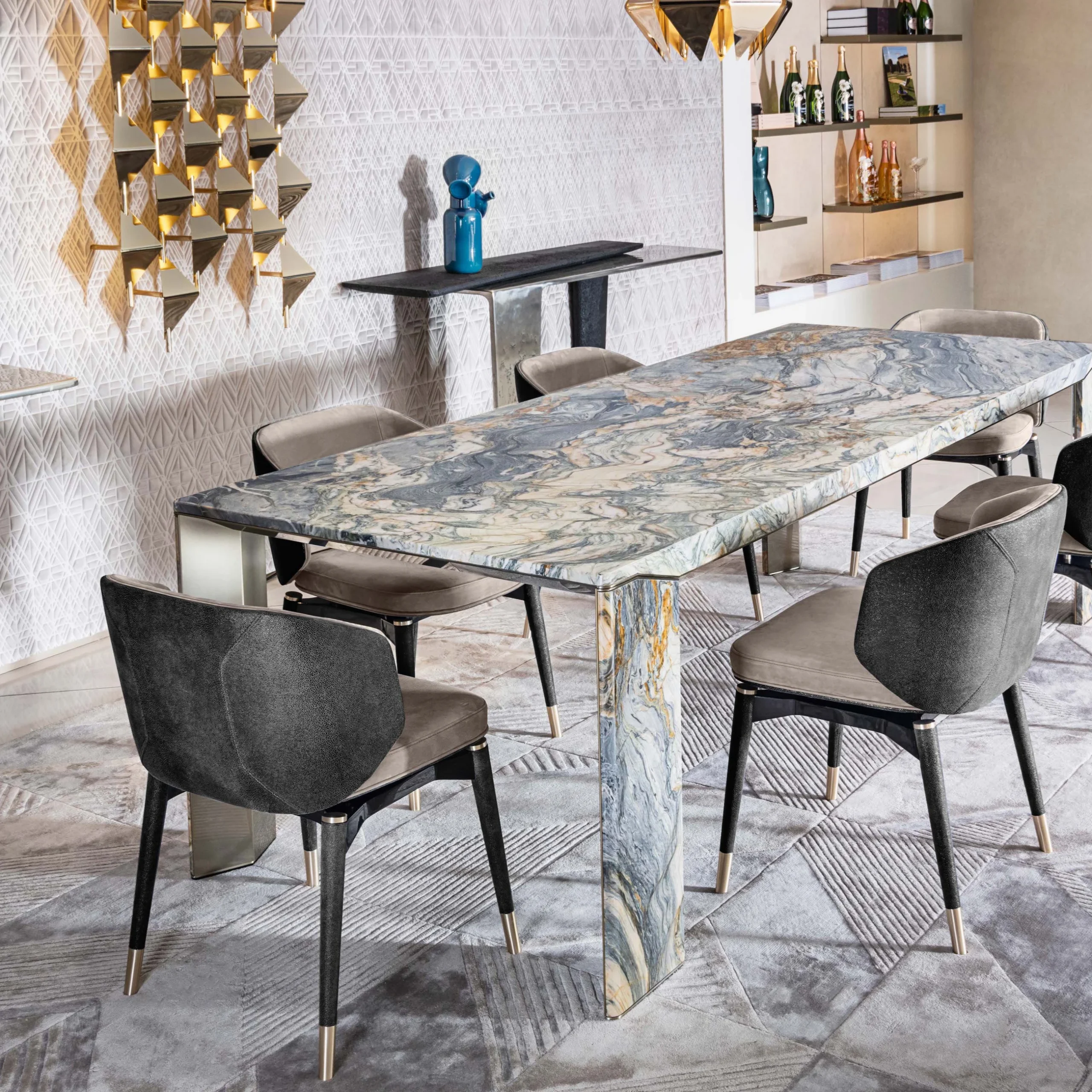 Modern 6-Piece Dining Set with Table Chairs Tablecloth Sintered Stone Travertine Marble Material for Stylish Dinning Room - 图片 2