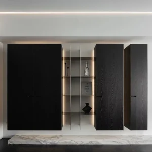 Apartment Customizable Floor TV Stand  Living Room Metal TV Unit Cabinet  Black Cabinet With Wood Top Steel Storage Cabinet
