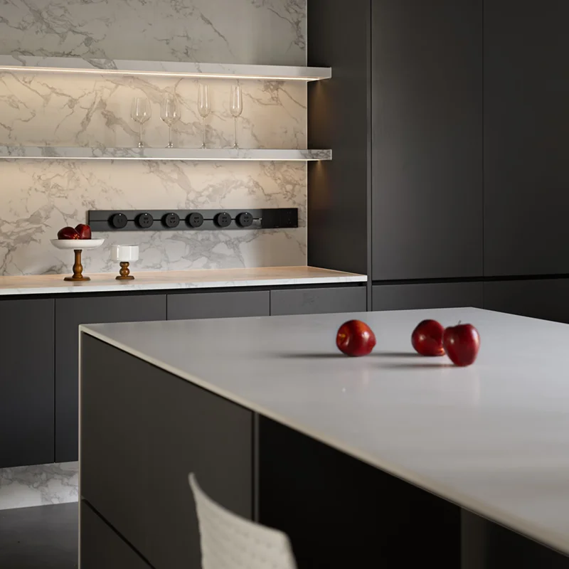 Modern Black Kitchen Island Design Waterproof Kitchen Cabinet Lacquer Acrylic Door Apartment Villa Furniture 3D Interior - 图片 5