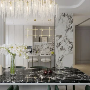 Modern Complete Kitchen Cabinet Set White High Glossy Lacquer Marble Kitchen Island Melamine Board Plywood Granite Apartments