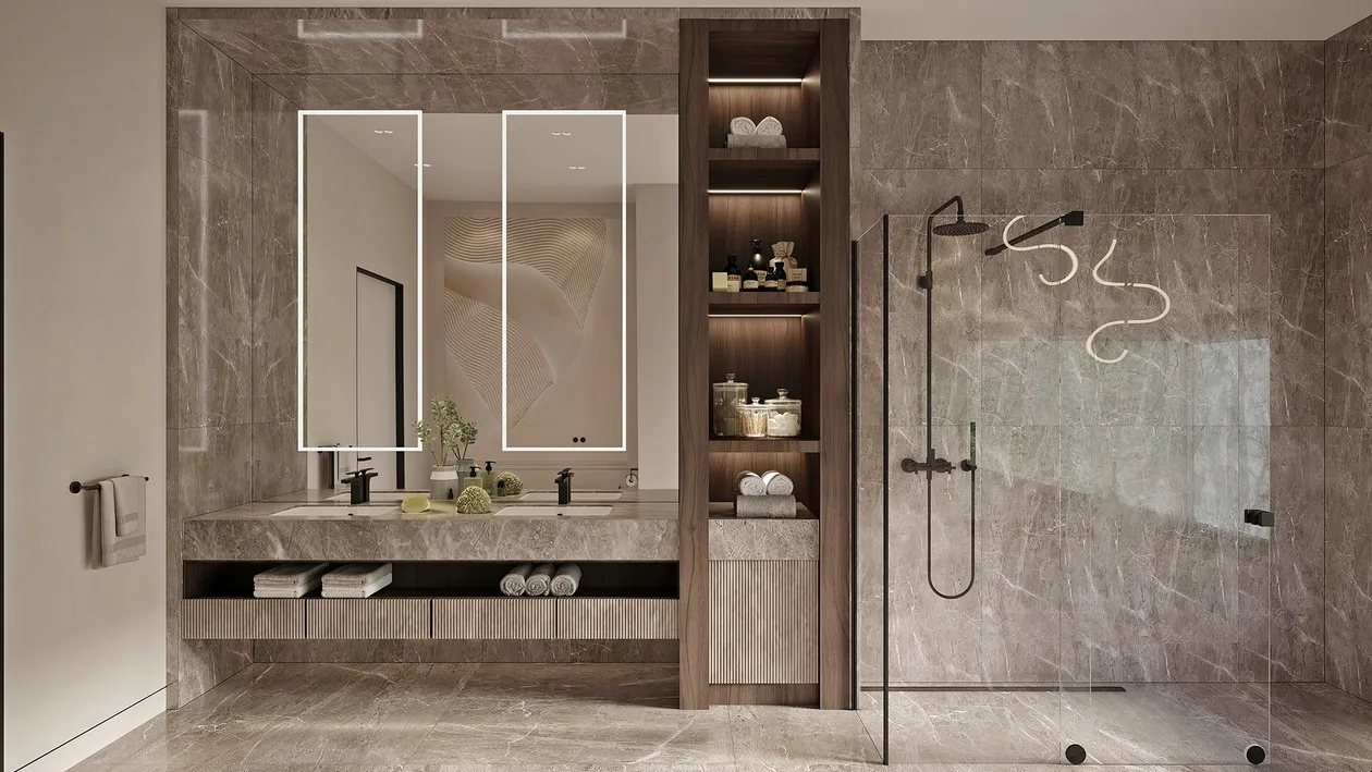 Hotel Vanity Villa High-End Light Luxury Large Wall-Mounted Bathroom Vanity Cabinet with Bath Mirrors Solid Wood Carcase Marble - 图片 7