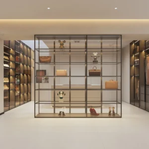 Luxury Minimalist Modern Walk-In Closet Customized Glass Wardrobe Furniture for Villa Apartments 3D Interior Design with Shelves