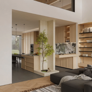 Villa Design Kitchen Cabinet Design Interior Design of High-Volume Villas  Log Veneer Skeleton Line Hanging Cabinet Living Room