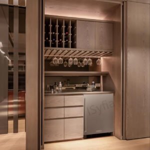 OEM Customized Wood Wine Bar Cabinet with Unique Display for Home Living Room or Wine Cellar Wood Panel Style Furniture