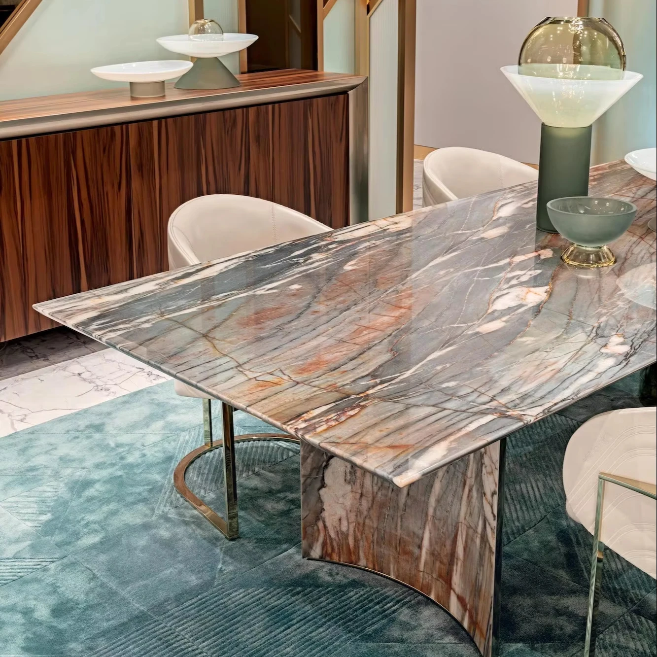 Modern Customizable Royal Marble Table with Adjustable Base 10 Seater Chairs Antique Dining Set for Home or Hotel Use - 图片 2