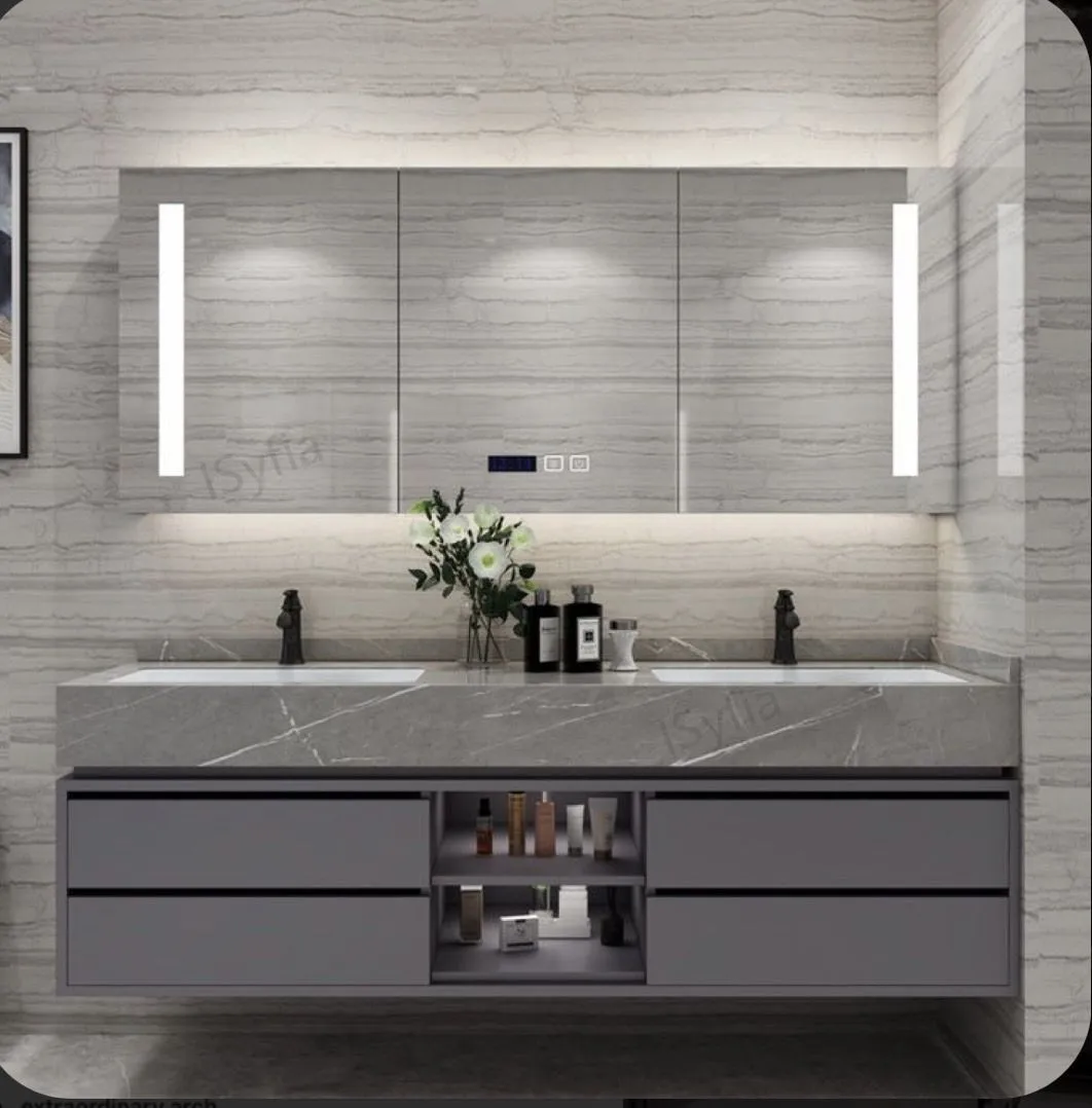 Hotel Vanity Villa High-End Light Luxury Large Wall-Mounted Bathroom Vanity Cabinet with Bath Mirrors Solid Wood Carcase Marble - 图片 8