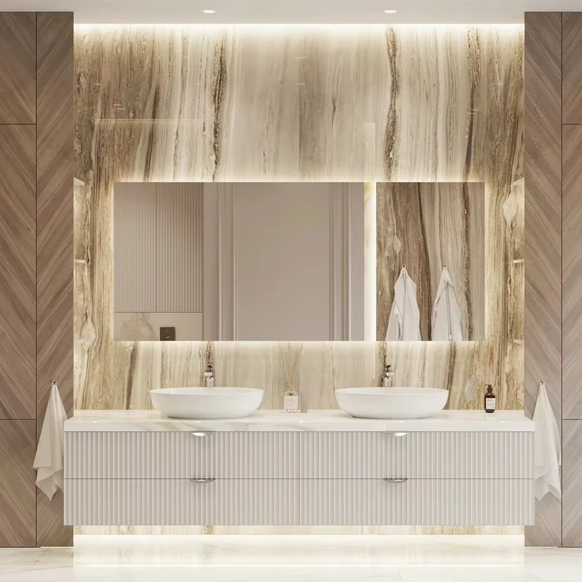 Hotel Vanity Villa High-End Light Luxury Large Wall-Mounted Bathroom Vanity Cabinet with Bath Mirrors Solid Wood Carcase Marble