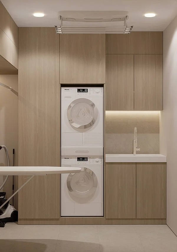 Villa Laundry Room Built-in Washing Machine Apartment Laundry Cabinet with Drawer Custom Storage Cabinet Laundry Room with Sink - 图片 9