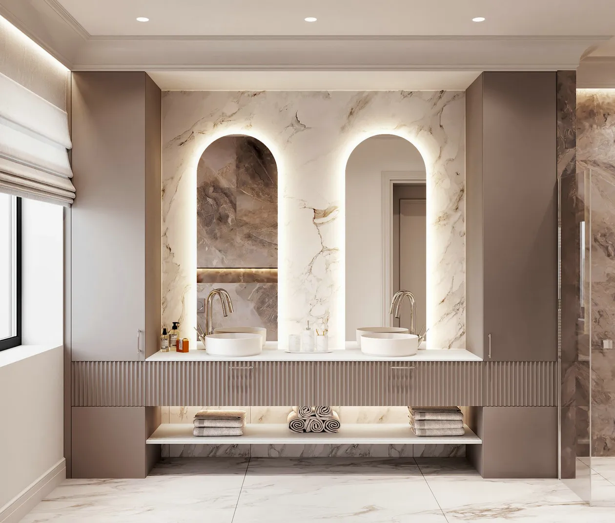 Hotel Vanity Villa High-End Light Luxury Large Wall-Mounted Bathroom Vanity Cabinet with Bath Mirrors Solid Wood Carcase Marble - 图片 5