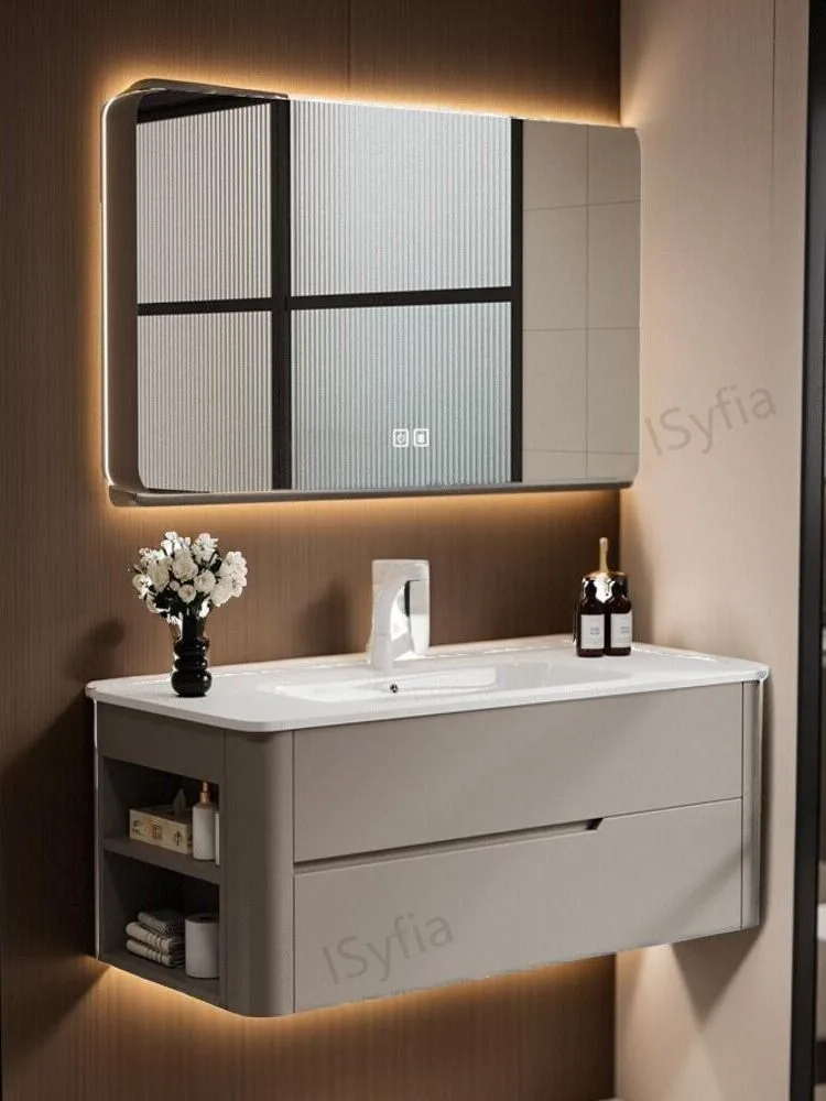 Hotel Vanity Villa High-End Light Luxury Large Wall-Mounted Bathroom Vanity Cabinet with Bath Mirrors Solid Wood Carcase Marble - 图片 6
