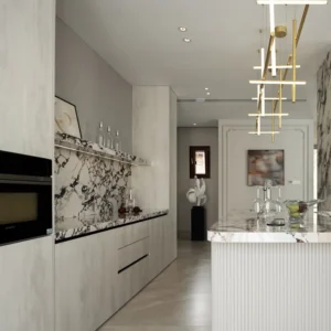 Luxury Custom Kitchen Cabinets White Marble Wood Grain Style with Integrated Island Storage for Villa Apartments