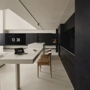 Modern Minimalist Black Lacquer Kitchen Cabinets with Island Matte Finish Wood Cabinets