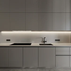 Modern Kitchen Cabinet with Floating TV Stand Shallow Built-In Oven Wood Veneer & Marble Stone Countertop for Apartments