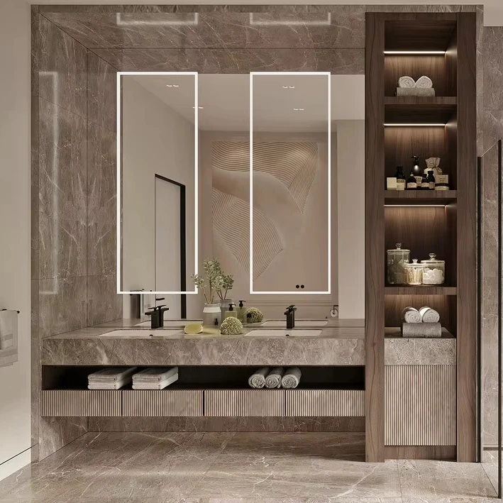 Hotel Vanity Villa High-End Light Luxury Large Wall-Mounted Bathroom Vanity Cabinet with Bath Mirrors Solid Wood Carcase Marble