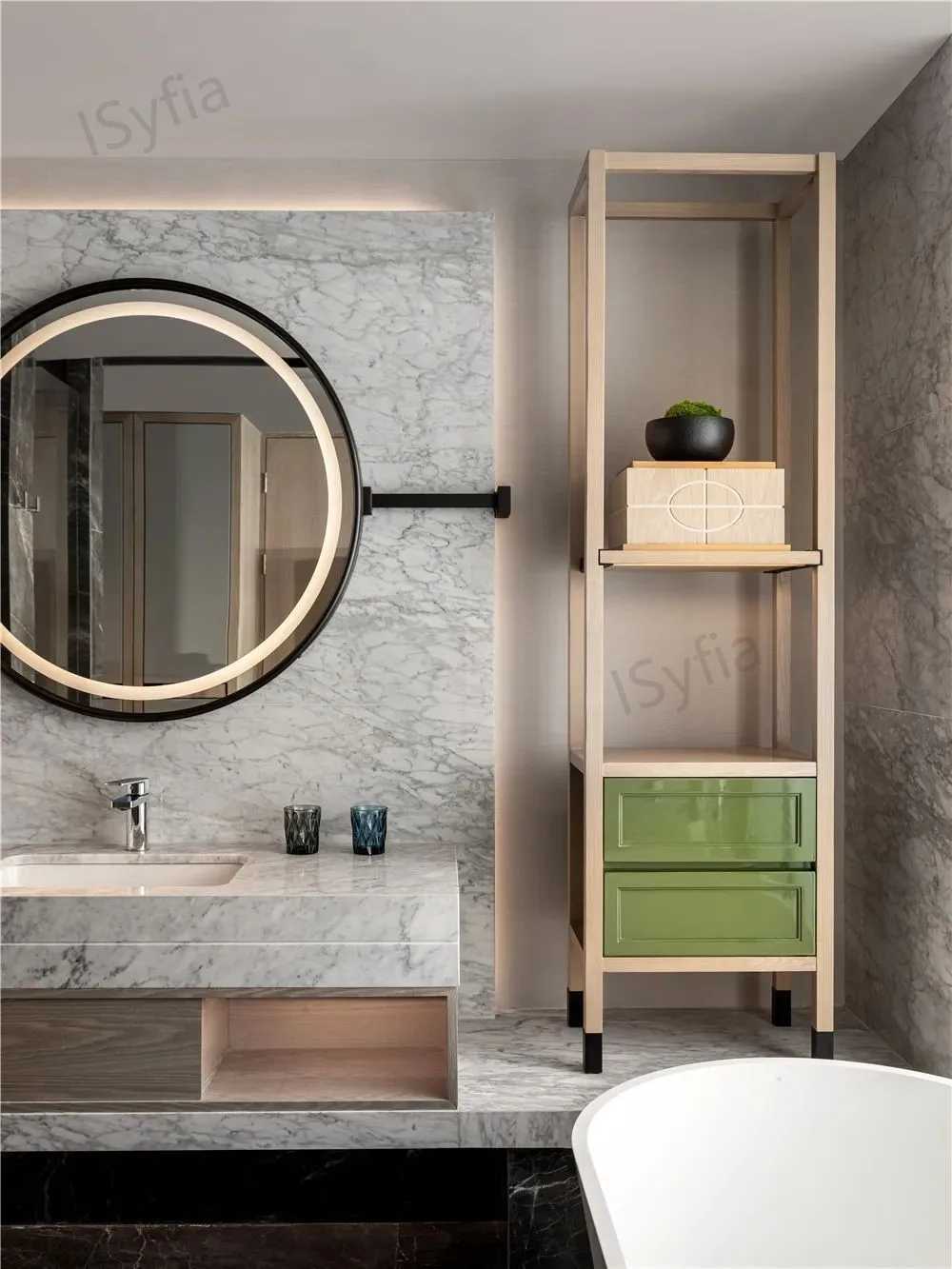Hotel Vanity Villa High-End Light Luxury Large Wall-Mounted Bathroom Vanity Cabinet with Bath Mirrors Solid Wood Carcase Marble - 图片 5