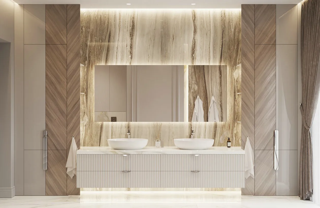 Hotel Vanity Villa High-End Light Luxury Large Wall-Mounted Bathroom Vanity Cabinet with Bath Mirrors Solid Wood Carcase Marble - 图片 7