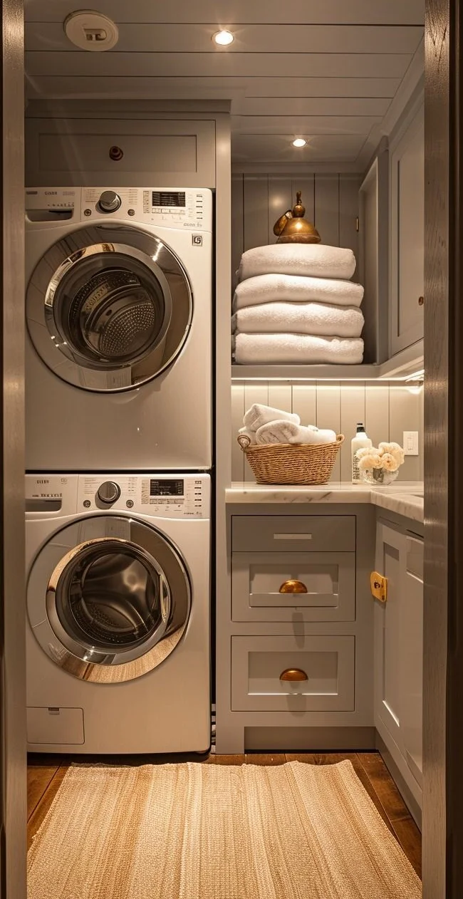 Villa Laundry Room Built-in Washing Machine Apartment Laundry Cabinet with Drawer Custom Storage Cabinet Laundry Room with Sink - 图片 7