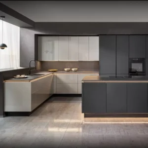 European Style Modern Custom Kitchen Cabinet in Black Matt Lacquer Handless Laminated Ready-to-Assemble Modular Islands