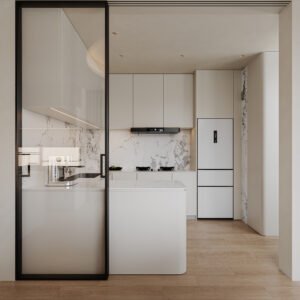 French Lift-Up Hydraulic Kitchen Cabinet Modular Cabinets French Cream Style White Curved Kitchen Cabinets Light Color Palette